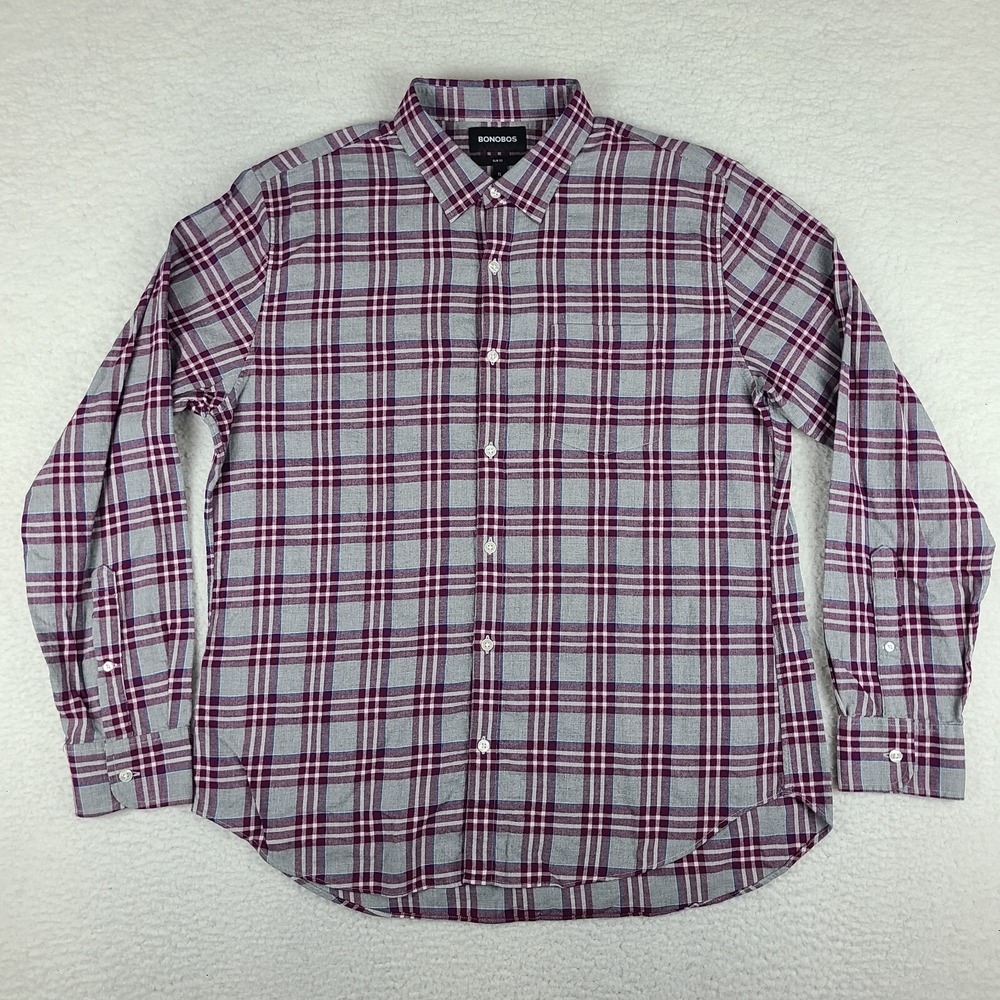 Bonobos Shirt Men XL Gray Maroon Purple Plaid Slim Fit Flannel Dress Button Down